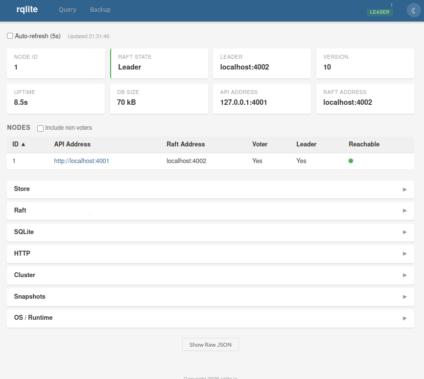 The rqlite status console showing cluster and node information